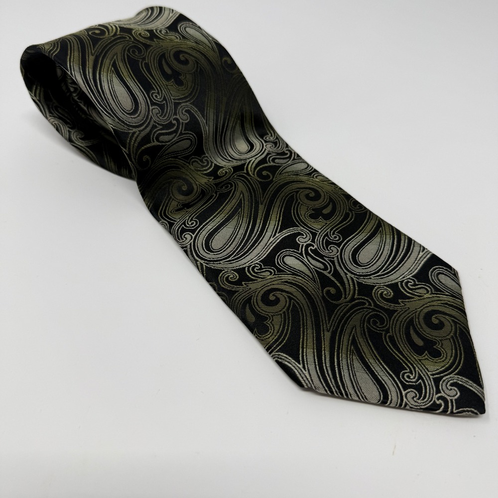 Covington Mens Silk Tie Black Gold Silver Paisley Woven Made in USA Necktie